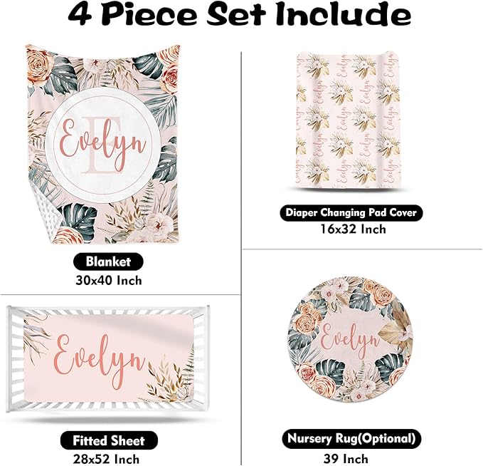 Custom Nursery Crib Bedding Set: 4 Piec Bohemian Flowers Baby Crib Sets for Girls with Personalized Name - Toddler Double Layer Blanket Set, Comfortable Crib Bed Sheets for Baby Toddlers