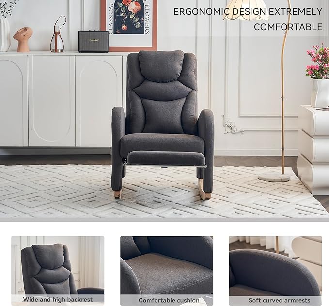 Rocking Chair Nursery, Modern Glider Chair with Adjustable Footrest and Solid Wood Legs, High Backrest Nursery Chair with Side Pocket, Rocker Armchair for Living Room Bedroom, Cotton Linen Dark Gray