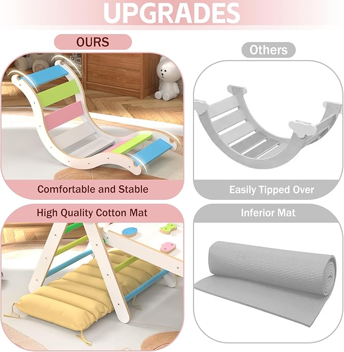 Pikler Triangle Set with Cushion, 9 in 1 Toddler Climbing Toys Indoor, Montessori Foldable Wooden Climbing Toys for Toddlers 1-3 Inside，Pikler Triangle Set Jungle Gyms Playground for Children