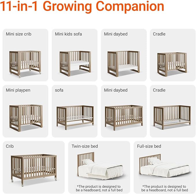EvoNest Baby Crib, 11 in 1 Convertible Mini Crib with Wheels, 100% New Zealand Wood Growing Bed, 4 Adjustable Mattress Height ，Walnut Brown