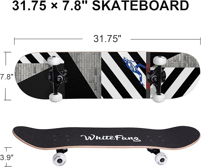 WhiteFang Skateboards for Beginners, Complete Skateboard 31 x 7.88, 7 Layer Canadian Maple Double Kick Concave Standard and Tricks Skateboards for Kids and Beginners