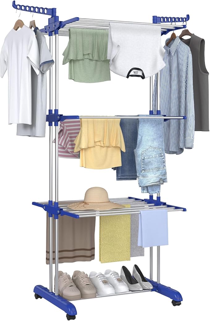 Bigzzia Clothes Drying Rack, Folding Stainless Steel Drying Rack Clothing Indoor Outdoor, Space-Saving, 4 Tier Laundry Drying Rack with Two Side Wings Grey Blue