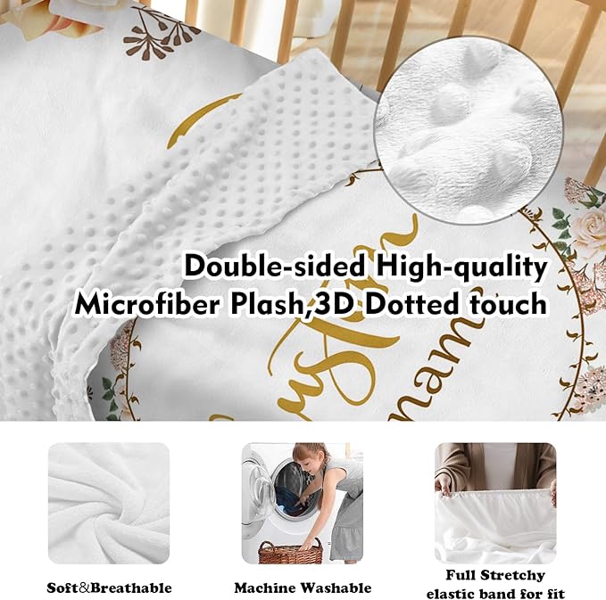 Personalized Baby Crib Bedding Set for Girls, Flower Design Custom Name Baby Crib Sets 5-Pcs, Toddler Double Layer Blanket Fitted Sheets Changing Pad Cover Rug Wall Art Set, Charming Nursery Decor