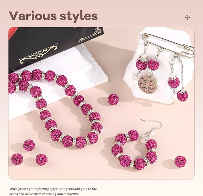 160pcs 10mm Rhinestone Beads for Jewelry Making, Fuchsia Shiny Round Disco Ball Beads Bulk, Sparkle Crystal Clay Christmas for Bracelet Baseball Necklace Earring Crafting and DIY