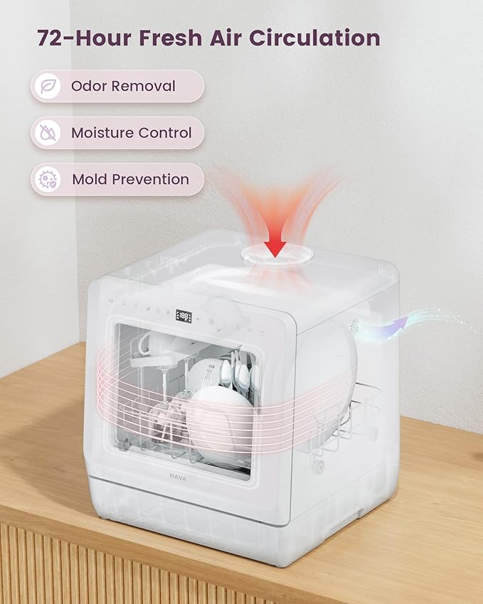 HAVA Countertop Dishwasher with Water Softener and Enhanced Energy Efficiency, Portable Dishwasher with 8 Wash Programs, Child Lock & Delayed Start Function, No Installation Needed - Misty Lilac