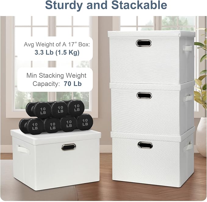 Large 17" 36 Quart Collapsible Stackable Storage Bins with Lids, 5 Packs White Linen Fabric Closet Boxes with Lids, Storage Cube Baskets Container Organizers for Bedroom Office(17 x12 x11)