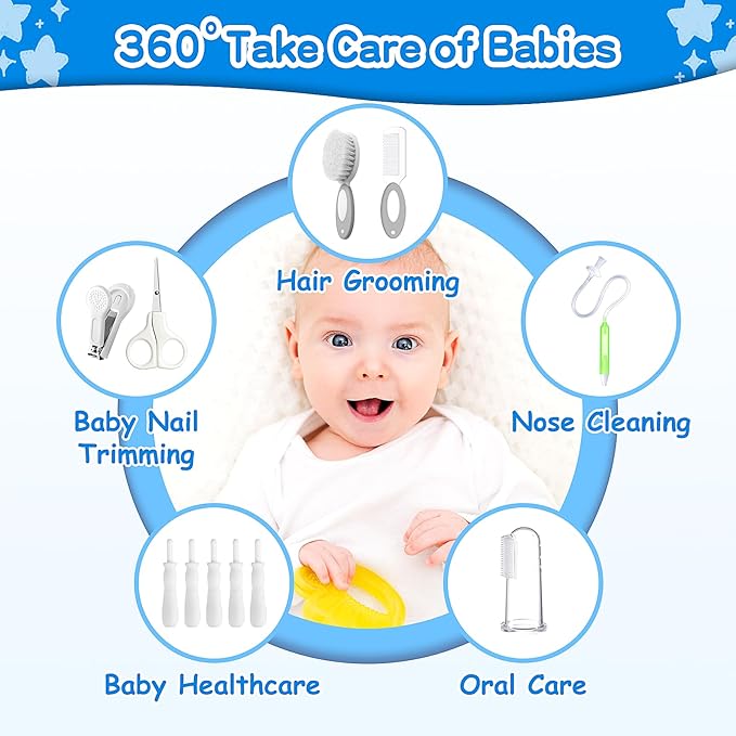 Baby Healthcare and Grooming Kit, 21 in 1 Portable Baby Essentials Kit with Gas Relief Hair Brush Comb Nasal Aspirator for Newborn Boys Girls (Grey White)