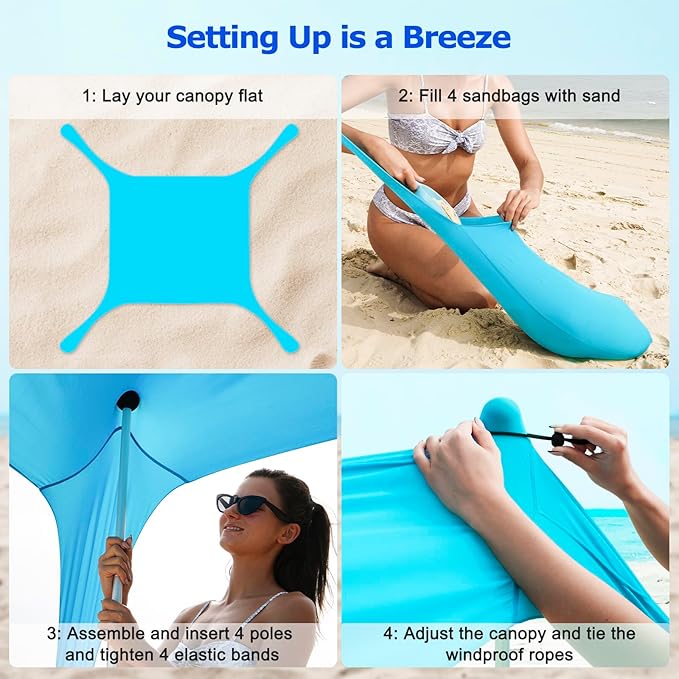 COMMOUDS Beach Tent Sun Shelter - UPF50+ Pop Up Beach Canopy with Sandbags & Sand Shovel & Windproof Poles, Portable Sun Shade for Beach, Camping, Picnics, Backyard