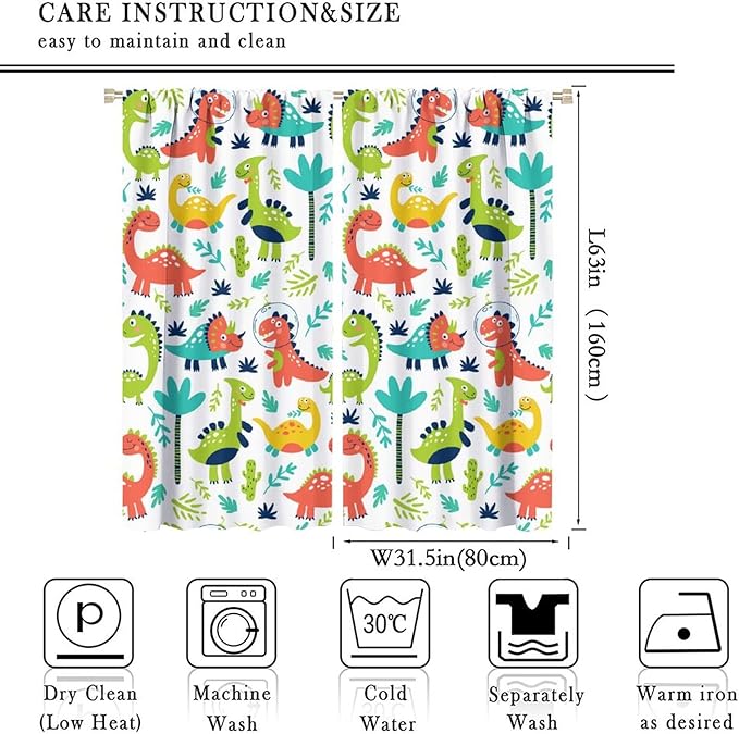 Rustic Dinosaurs Curtains Colorful Dino Kids Boys Cartoon Cute Cool Funny Decor Printed Blackout Rod Pocket Window Drapes for Living Room Bedroom W31.5xL63in 2 Panels