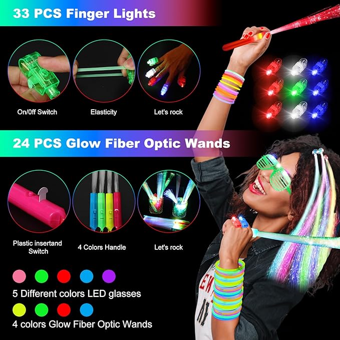290 PCS Glow in the Dark Party Supplies, 200 Glow Sticks, 24 Fiber Optic Wands, 15 LED Glasses, 33 Finger Lights and 18 LED Hair Clips for Wedding, Birthday, Concert, Raves, New Year