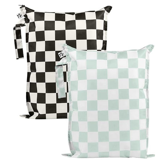 Tiny Twinkle Mess-Proof Waterproof Wet Dry Bag | 2-Pack Reusable Wet Bags for Swimsuits & Baby Clothes | Leakproof Wet Bag for Travel & Diaper Changes for Baby (Black, Green Checkers)