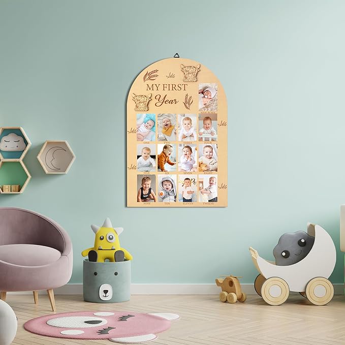 R HORSE Picture Frame - My First Year Photo Display Board, Highland Cow, Wood, 15.7 x 11 inches, Unisex Adult Gift