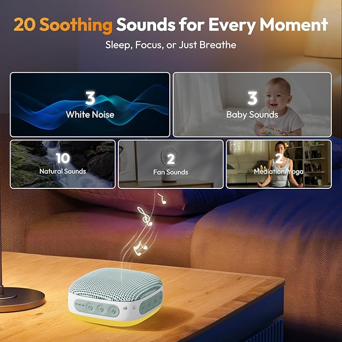Portable Sound Machine with Night Light, White Noise Sound Machine for Sleeping, 20 Soothing Sounds, Headphone Jack,Long-Lasting Power, Timer, Mini White Noise Machine for Travel Home and Office,Green