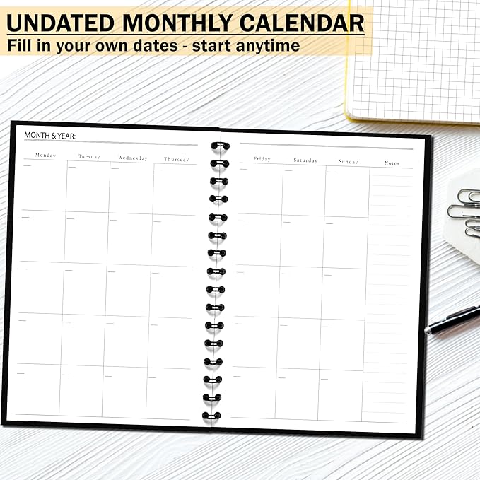 Undated Monthly and Weekly Planner - 12 Month Calendar Planner Notebook with Week Days - Hardcover Undated Planners Blank Agenda Book - A5 Black