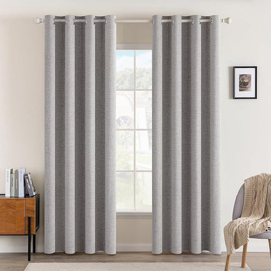 MIULEE Linen Texture Curtains for Bedroom Solid 100% Blackout Thermal Insulated Greyish White Curtains Grommet Room Darkening Drapes for Living Room Nursery 52x108 Inch (2 Panels)