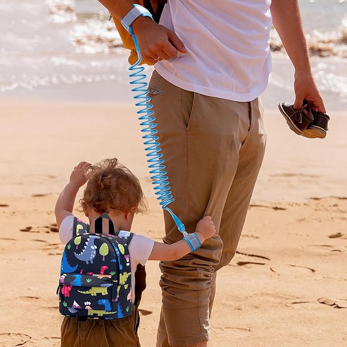 Accmor Toddler Backpack Leash with Anti Lost Wrist Link, Cute Mini Child Walking Harnesses Keep Kids Close Back Pack Rope Tether Rein for Baby Boys (Black/Dino)