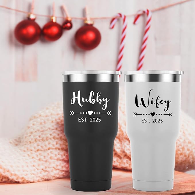 Mamihlap Hubby & Wifey Est 2025 Travel Mug 30oz Tumbler.Valentine’s Day Gifts.Anniversary Wedding Engagement Gifts.Gift for Couple Her Him Bridal Shower Husband Wife Newlywed Couple.(Black&White)
