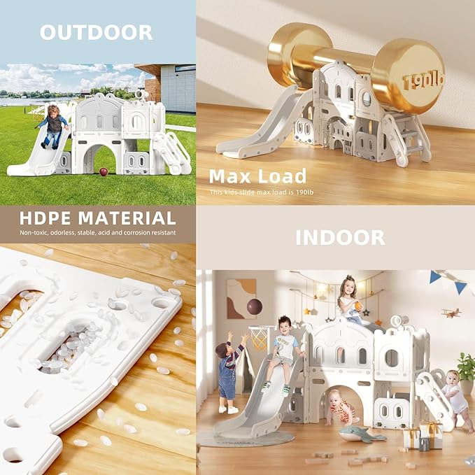 8 in 1 Toddler Slide Set, Kids Slide for Toddlers Age 1-3, Toddler Climber Slide PlaySet with Basketball Hoop,Outdoor Indoor Playground for Toddlers 1-3, White Gray