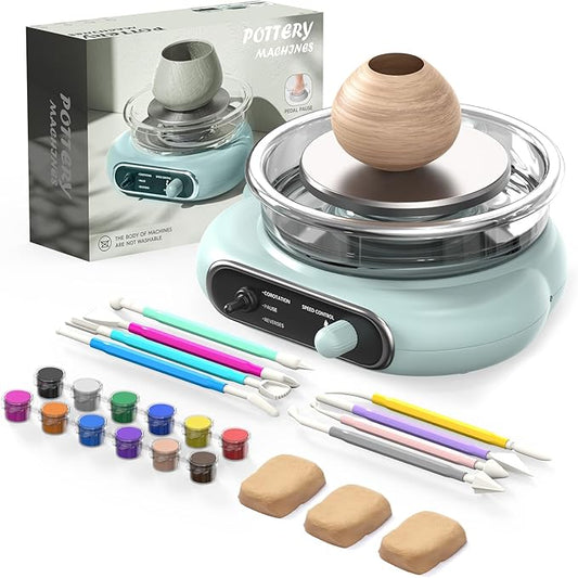 Alldeer Mini Pottery Wheel Kit - 4.7" Turntable Electric Clay Wheel with Foot Pedal, Adjustable Speed Ceramic Making Machine with 8 Pottery Shaping Tools, Craft Kits for Kids