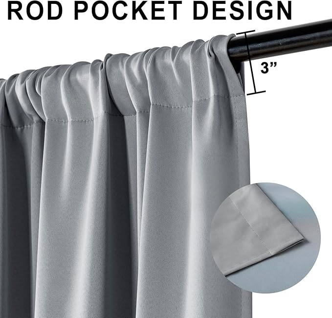 XWZO 100% Blackout Curtains with Tiebacks- Rod Pocket Heat and Full Light Blocking Window Panels for Bedroom/Nursery, 63 Inches Long Thermal Insulated Draperies, Grey, W60 x L63, Set of 2