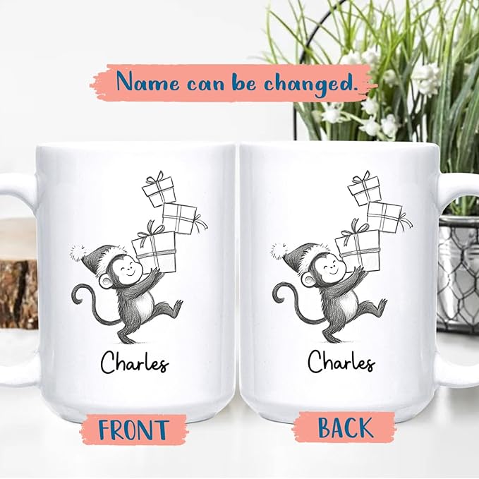 Personalized Monkey Accent Coffee Mug Gift For Dad Mom Daughter Son, Monkey Ceramic Coffee Cup 11Oz 15Oz, Customized Name Monkeys Teacup Gift For Birthday Christmas, Monkeys Lover White Travel Mug