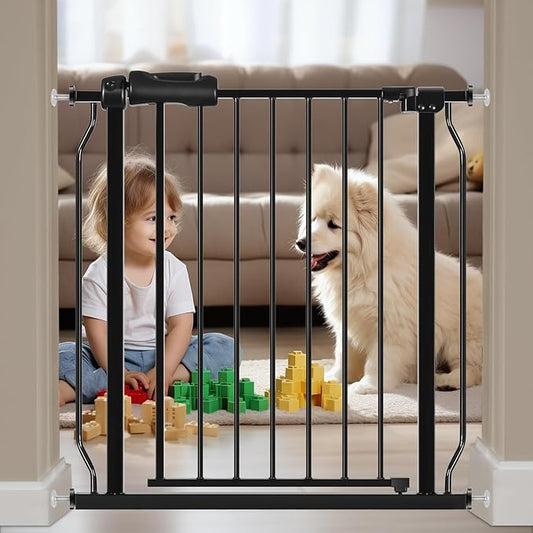 HOOEN Narrow Baby Gate for Stairs - 29 to 34 Inch Wide with Door, Metal Tension Pressure Mounted Child Safety Gate