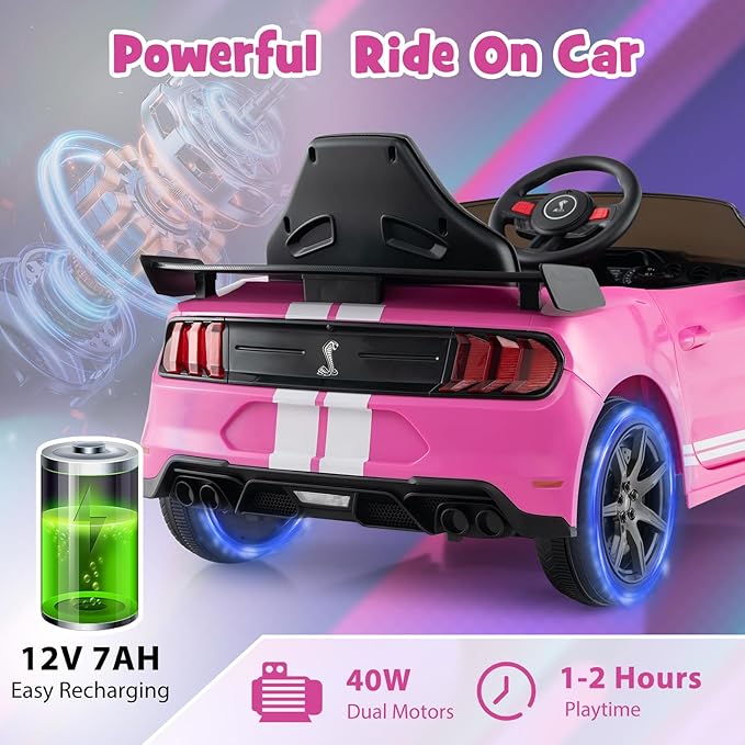 Costzon Ride on Car, 12V Licensed Ford Mustang Shelby GT500 Kids' Electric Vehicles w/Remote Control, USB Port, Radio, Music, Player, High Low Speed & Soft Start, Racing Kids Car for Toddlers (Pink)