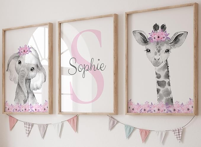 Safari Animals Girls Nursery Bedroom Unframed Set of 3 Poster Prints, Personalized Name Pink or Purple Flowers Wall Art Decor New Baby Gift Present, Elephant Giraffe Panda Zebra Lion (8x10)