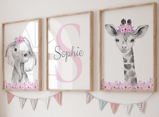 Safari Animals Girls Nursery Bedroom Unframed Set of 3 Poster Prints, Personalized Name Pink or Purple Flowers Wall Art Decor New Baby Gift Present, Elephant Giraffe Panda Zebra Lion (8x10)