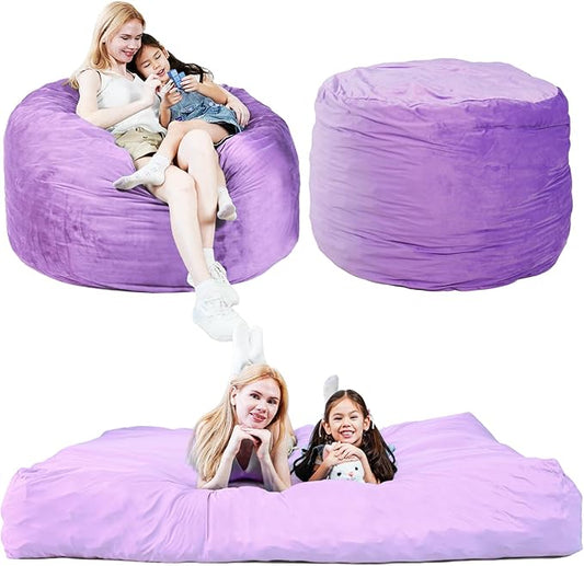 Bmag Giant Bean Bag Chair for Adults, 6FT Bean Bag Chair Convertible Bean Bag Pad, Large Chairs with Memory Foam Filler, Removable Washable Cover for Living Room Bedroom Office - Purple