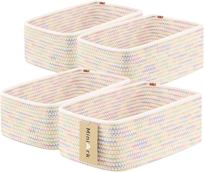 Small Storage Baskets for Organizing | Closet Organizer Bins | Shelf Toy Basket | Woven Rope Baskets | Cube Decorative Box | Shallow Basket | 11.5x7.5x4.7” | 4 Packs Rainbow