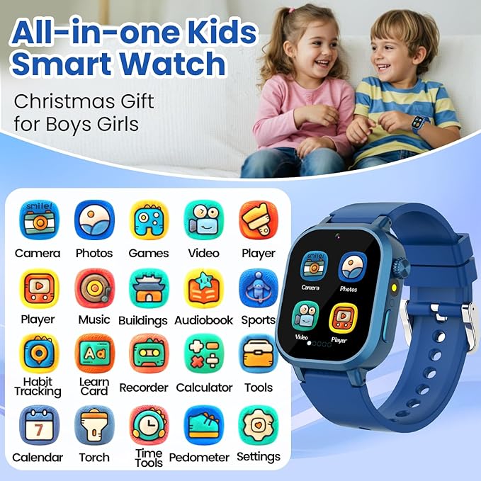 Waterproof Smart Watch for Kids Boys Ages 5-12 with 39 Games, HD Camera, Video, Music, Habit Tracking, Alarm, Pedometer, Kids Smart Watch Chrismars Birthday Gift for Boys Age 5 6 7 8(Blue)