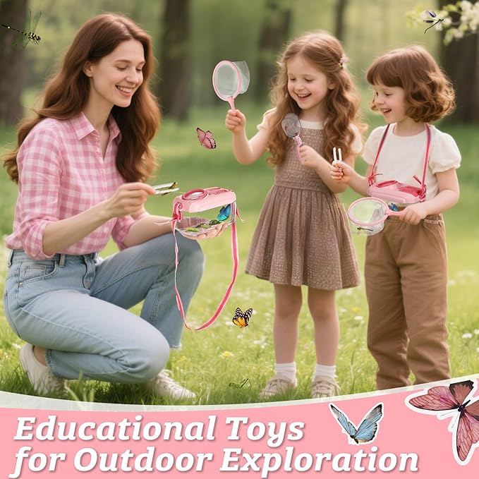 2 Set Bug Catcher for Kids- Educational Bug Catching Kit Including Butterfly Net, Insect Clip, Tweezer, Outdoor Toys for Kids Ages 3-10 (Pink)