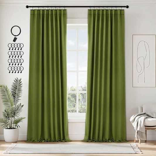ANRODUO Back Tab Blackout Curtains for Bedroom Living Room, Rod Pocket Pinch Pleated Thermal Insulated Room Darkening Curtains 96 Inches Long 2 Panels, Olive Green, 42 x 96 Inch