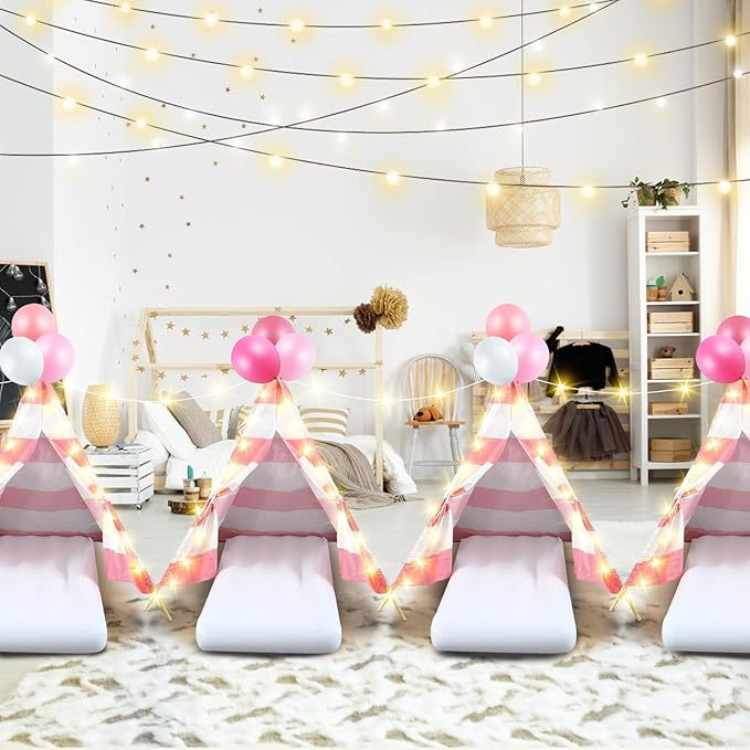 2 Pack Kids Teepee Tent with Mattress,Fitted Sheet,Light String,Washable Natural Cotton Toddler Play Tent for Girls Boys Indoor Outdoor Sleepover Slumber Birthday Party(Pink and White)
