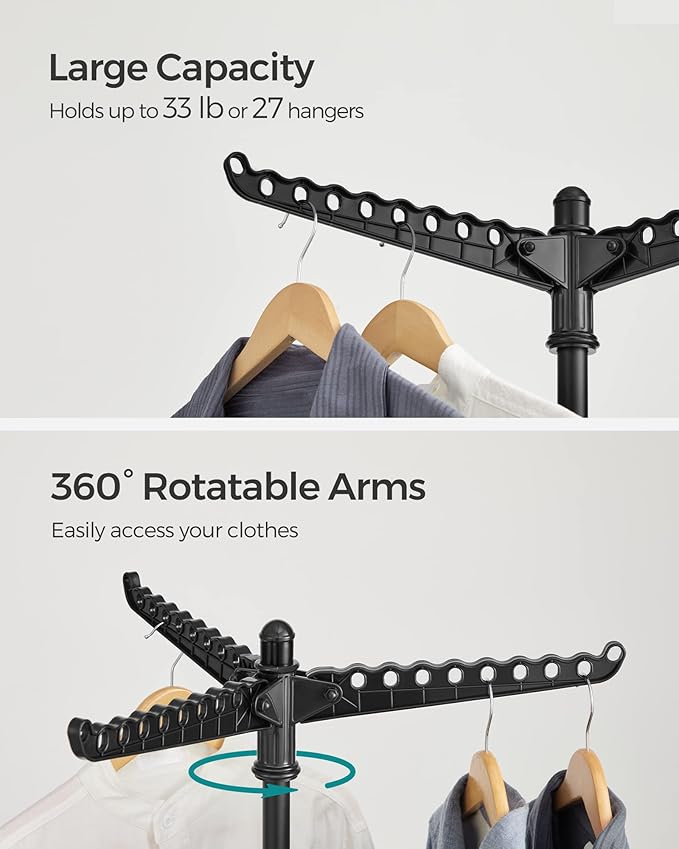 SONGMICS Clothes Drying Rack, 59-Inch Folding Laundry Drying Rack with 3 Rotatable Arms for Hangers, 4 Legs, Stainless Steel, for 27 Pieces of Clothes, Black ULLR510B01