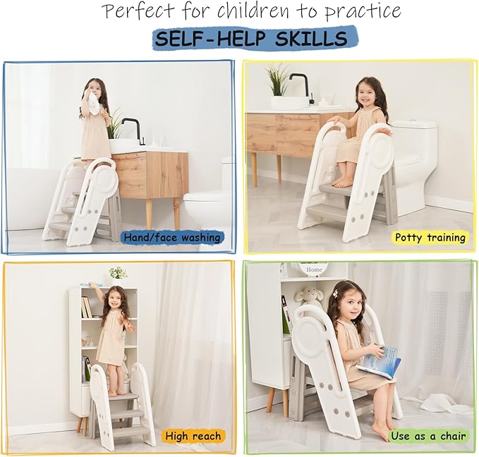 Foldable Toddler Step Stool for Bathroom Sink, Adjustable Kids 3 or 2 Step Stool for Toddlers Bathroom Toilet Potty, Plastic Baby Girl Child Stepping Stool with Handle Rail for Kitchen Counter