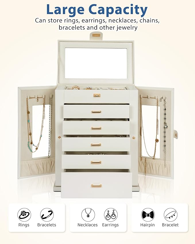 AKOZLIN Jewelry Box 6-Tier Organizer Functional 360° Rotating Jewelry Storage Case for Women Girls Ring Necklace Earring Bracelet Holder with Mirror