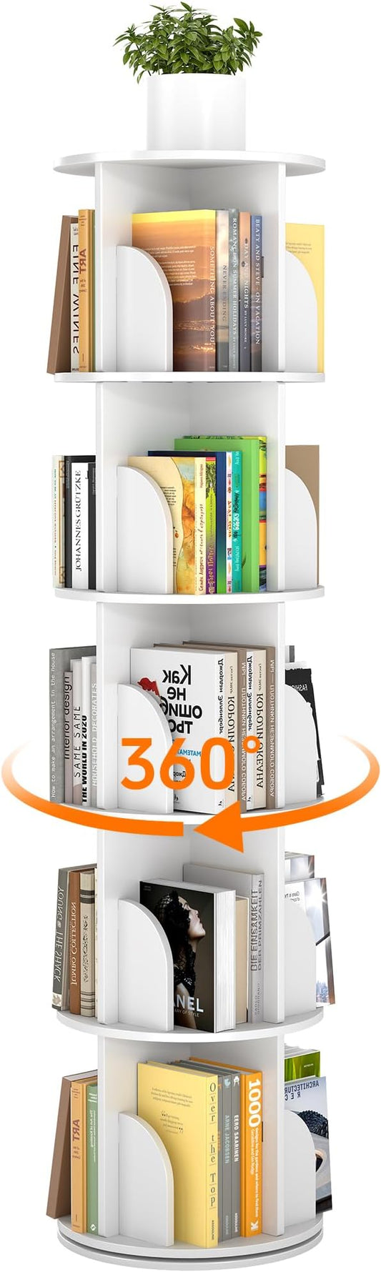 Rotating Bookshelf 5 Tier, 360 Degree Spinning Corner Bookcase with Lazy Susan, White Space Saving Tower Organizer for Small Spaces, Bedroom, Living Room, Adults