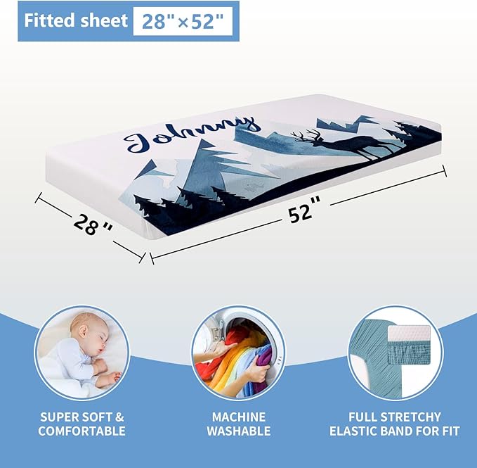 Custom 5-Piece Baby Crib Bedding Set, Personalized Name for Toddlers, Blue Deer Nursery Set for Boy Girl, Double Layer Infant Crib Set, Customized Gifts