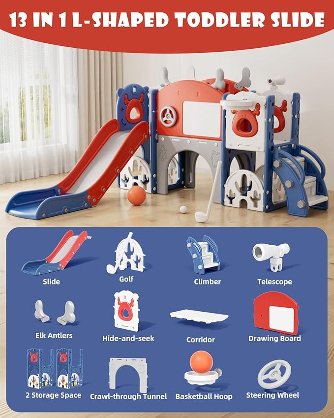 XJD 13 in 1 Toddler Slide Set, Kids Slide for Toddlers Age 1+, New Upgrade with Golf Set, Basketball Hoop, Drawing Board for Indoor Outdoor Playset,Toddler Playground (Blue Red)