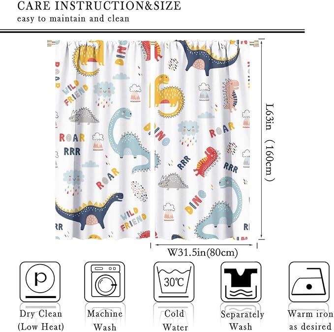 Cartoon Dinosaur Curtains for Kids Boys Girls Home Decor Colorful Cute Dino Animals Print Pattern Rod Pocket Blackout Window Drapes for Nursery Baby Bedroom Playroom W31.5xL63in 2 Panels