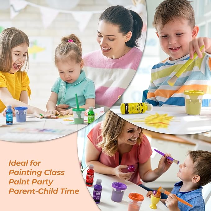 Nicpro Washable Paint for Kids, Kids Painting Set with Cups and Paintbrushes, 12 Vibrant Colors(2 oz), Non Toxic Washable Finger Paint for Toddlers Preschool Home School Children Art Painting Supplies