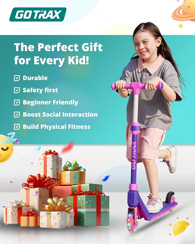 Gotrax K03 Kick Scooter for Kids, 5" LED RGB Lighted Wheels, 4.6 Lbs Lightweight and One-Click Detachable Design, Height Adjustable Handlebars, Anti-Slip Deck and Max Load 110 Lbs for Boy&Girl Age 3+