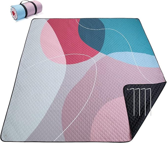 PY SUPER MODE Picnic Blankets Extra Large, Waterproof Foldable Outdoor Beach Blanket Oversized 83x79” Sandproof, 3-Layer Picnic Mat for Camping, Hiking, Travel, Park, Concerts(Abstract Pink)