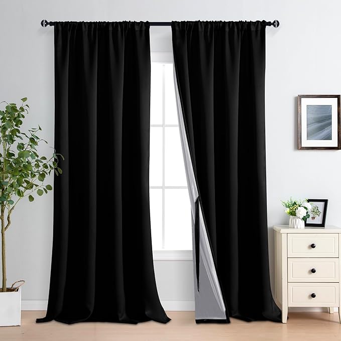 XWZO 100% Blackout Curtains 95 Inches Long with Tiebacks- Privacy Protection & Noise Blocking Rod Pocket Window Draperies with Black Liner for Bedroom/Living Room, Black, W52 x L95, Set of 2