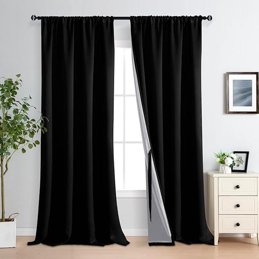 XWZO 100% Blackout Curtains 95 Inches Long with Tiebacks- Privacy Protection & Noise Blocking Rod Pocket Window Draperies with Black Liner for Bedroom/Living Room, Black, W52 x L95, Set of 2