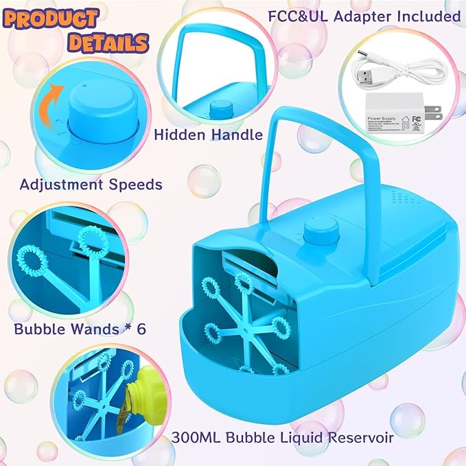 Bubble Machine, Automatic Bubble Blower for Kids, 18000+ Bubbles Per Minute with 2 Speed Settings, Battery/USB Powered Bubble Maker for Toddlers, Outdoor Birthday Parties, Weddings (Blue)