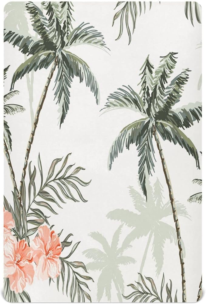Tropical Vintage Palm Trees Crib Sheets for Boys and Girls, Fitted Baby Crib Sheets Soft and Breathable Mini Crib Sheets 52 X 28 X 9 Inches