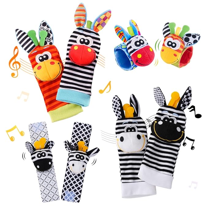 Baby Toys 0-6 Months,High Contrast Baby Toys for Newborn, 8 Pcs, Animal Wrist & Foot Rattles Socks Set, Sensory Rattle Toys for 0-12 Months, Babies Boy Girl Gifts